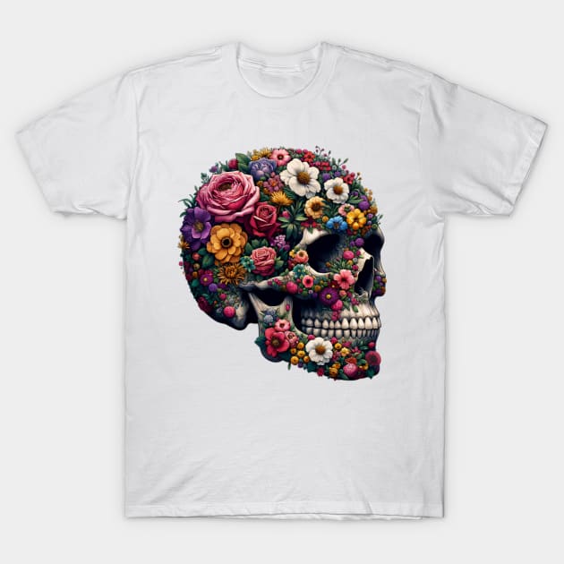 Floral Skull Garden of Eden Illustration T-Shirt by LSanchezArt
